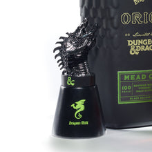 Load image into Gallery viewer, Dungeons & Dragons themed mead bottle with a glass of mead on a white background