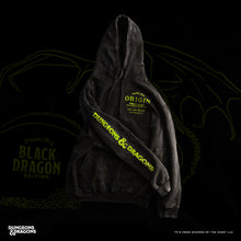 Load image into Gallery viewer, Black hoodie with yellow text on a black background featuring a dragon design.