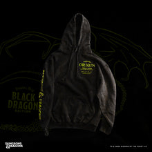 Load image into Gallery viewer, Black hoodie with yellow text on a black background, featuring 'Dungeons & Dragons' branding.
