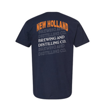 Load image into Gallery viewer, Navy blue t-shirt with 'New Holland Brewing and Distilling Co.' text on the back