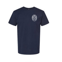 Load image into Gallery viewer, Navy blue t-shirt with a logo on the chest against a white background