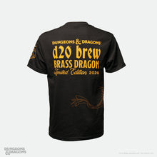 Load image into Gallery viewer, Black Dungeons & Dragons d20 Brew T-shirt shown from the back, featuring gold Brass Dragon Limited Edition 2026 graphics and dragon artwork.