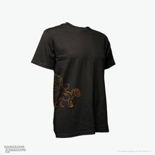 Load image into Gallery viewer, A black t-shirt featuring a stylized orange line art graphic of a winged dragon on the lower left front, displayed on a clean white background.