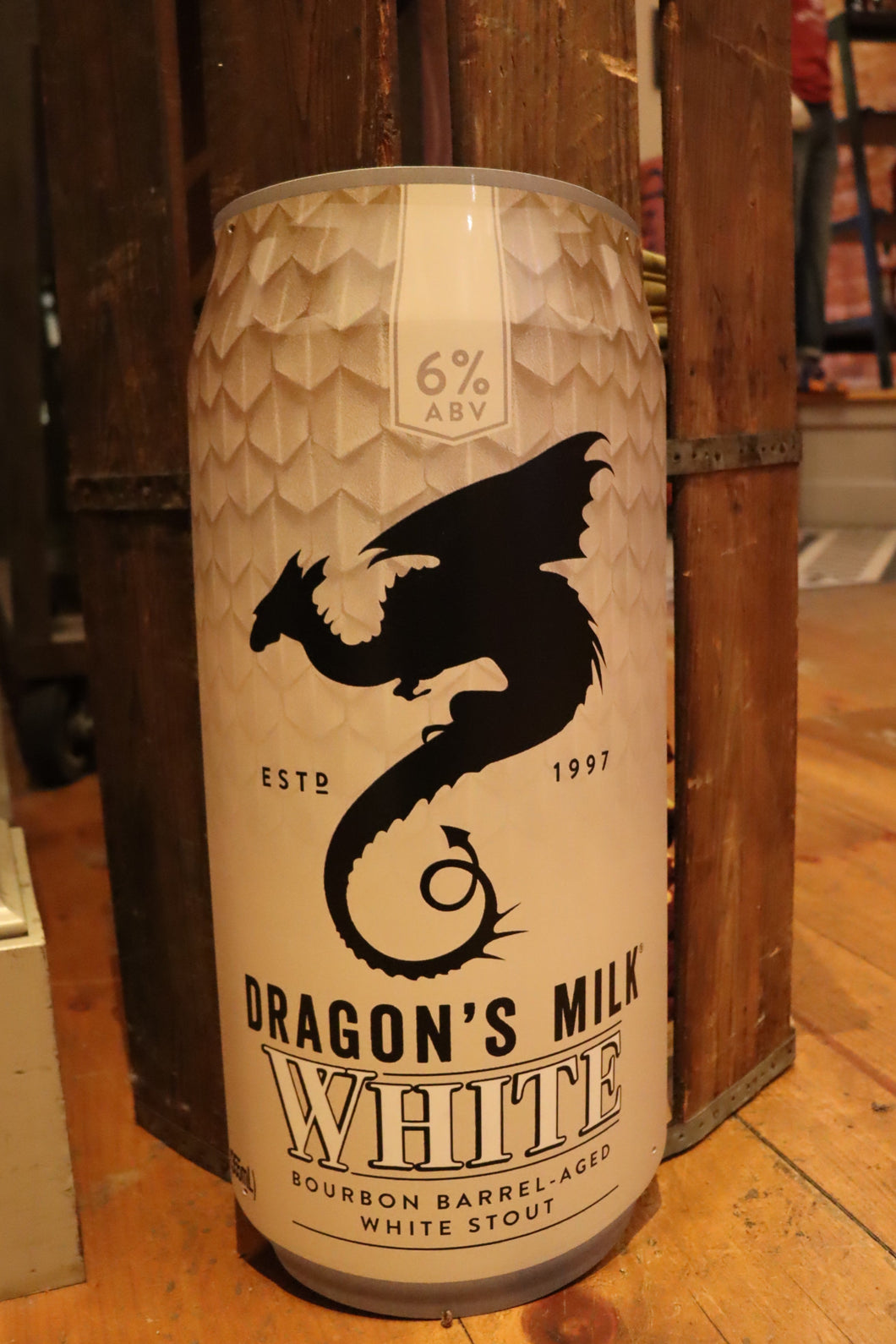 SALE - Vintage Dragon's Milk White Tin Tacker