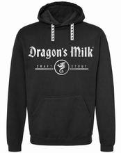 Load image into Gallery viewer, Black hoodie with 'Dragon's Milk' logo on a white background

