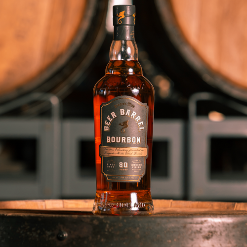 Dragon's Milk Beer Barrel Bourbon on a barrel top.
