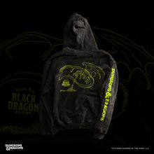 Load image into Gallery viewer, Black hoodie with yellow &#39;Black Dragon&#39; design on a black background Dungeons and Dragons x Dragon&#39;s Milk limited edition
