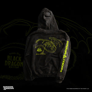 Black hoodie with yellow 'Black Dragon' design on a black background Dungeons and Dragons x Dragon's Milk limited edition