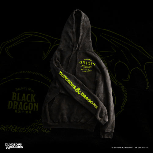 Black hoodie with yellow text on a black background featuring a dragon design.