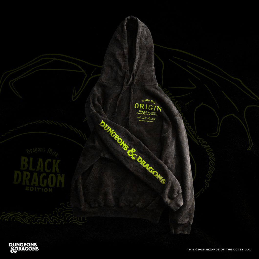 Black hoodie with yellow text on a black background featuring a dragon design.