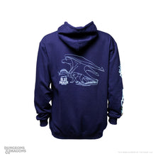 Load image into Gallery viewer, Navy blue Dragon’s Milk Blue Dragon Edition hoodie shown from the back, featuring a large light blue dragon illustration and lightning-inspired artwork along the sleeve.

