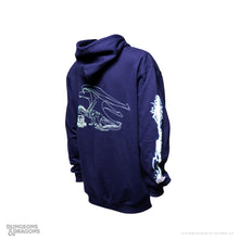 Load image into Gallery viewer, Navy blue Dungeons &amp; Dragons hoodie featuring a Blue Dragon graphic on the back and lightning-inspired artwork with the Dungeons &amp; Dragons logo along the sleeve.
