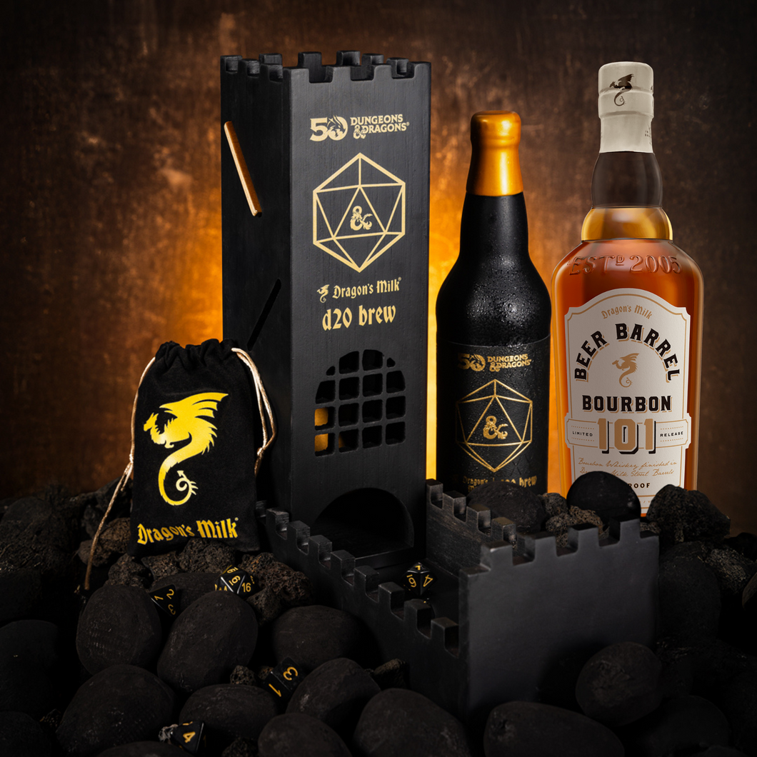 Dungeons & Dragons x Dragon's Milk D20 Dice Tower Set + Beer Barrel Bourbon 101 Bundle