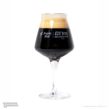 Load image into Gallery viewer, Stemmed Dragon’s Milk d20 Brew beer glass filled with dark stout and a foamy head, featuring Brass Dragon Edition 2026 branding.
